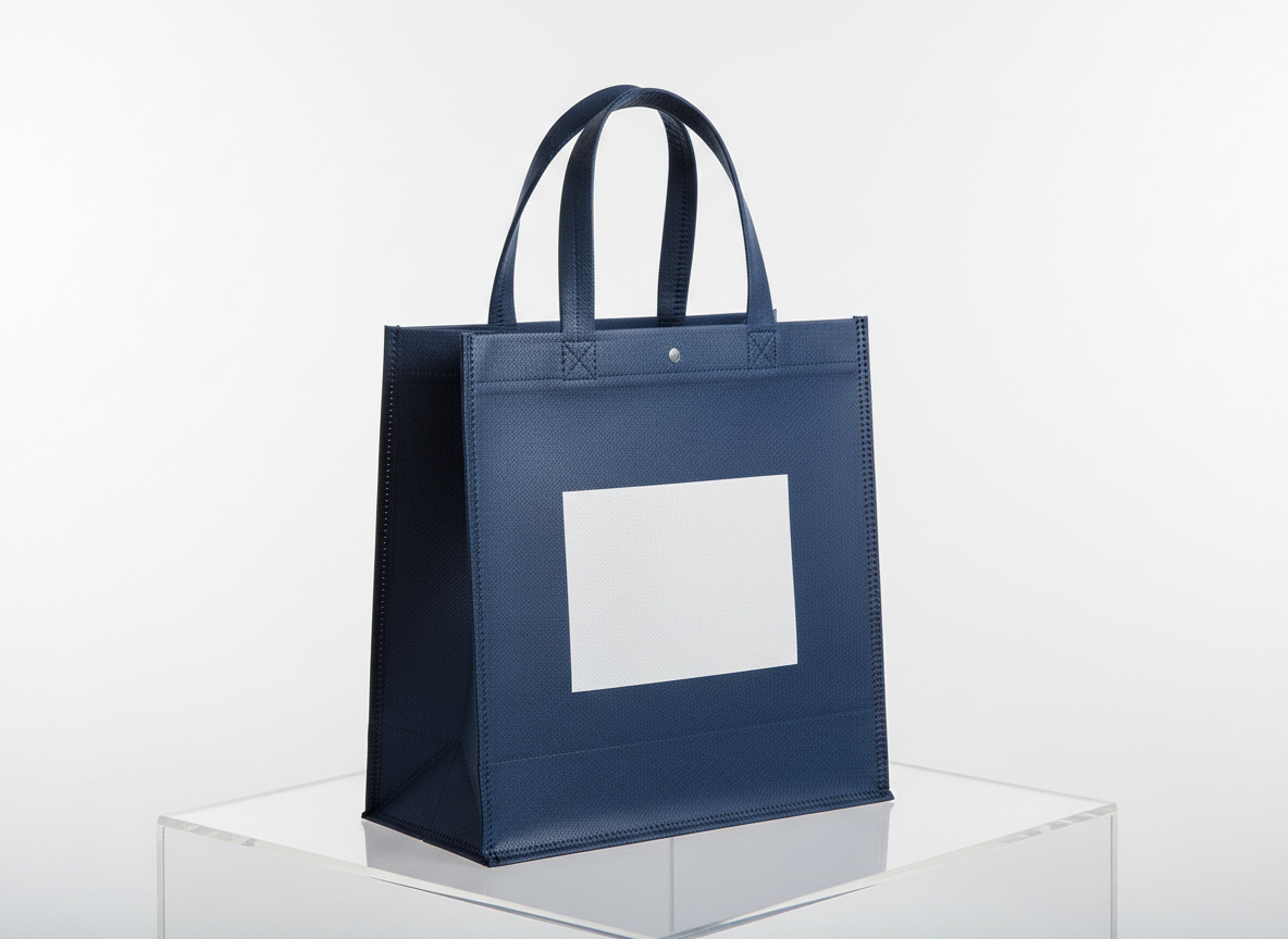 A single premium non woven bag in corporate navy blue with a minimalist white logo area centered on the front, positioned slightly angled on a polished white acrylic platform. The fabric texture, neatly heat-sealed edges, and sturdy matching handles are clearly visible in close detail. Soft studio lighting from the upper left casts a refined highlight along the bag’s edge and a crisp but subtle shadow to the right, creating depth without distraction. The background is pure white with a slight gradient, evoking a high-end product catalogue feel. Shot from a slightly elevated three-quarter angle with shallow depth of field, the focus is on the bag’s surface and construction, conveying reliability, professionalism, and photographic realism.