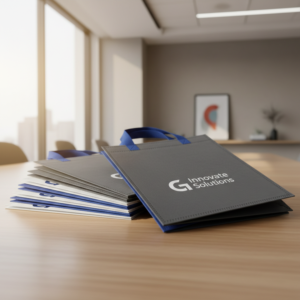 A stack of neatly folded branded non woven bags in corporate colors—charcoal, royal blue, and white—placed on a smooth light wood surface, suggesting an office or showroom setting. The top bag is slightly offset to reveal clean stitching, reinforced handles, and precisely aligned print area. Natural daylight streams in from the left as if from a large window, complemented by soft overhead light, creating gentle reflections on the wood and subtle shadows under the stack. The background softly falls out of focus, hinting at neutral walls and a minimal display shelf. Shot at a low, three-quarter angle, the image feels professional, organized, and ready for corporate clients, with realistic photographic clarity.