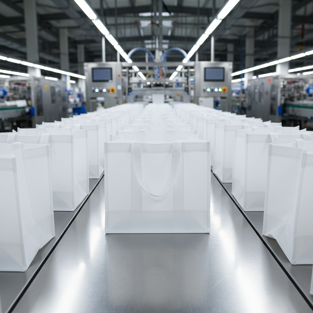 A production line scene featuring rows of newly manufactured non woven bags in uniform bright white, moving along a clean metallic conveyor within a modern factory environment. The bags stand open, showcasing consistent shape, seam alignment, and handle placement. Cool, even industrial lighting from overhead panels creates crisp reflections on the conveyor and soft shadows under each bag, emphasizing mass-production capacity and precision. Background elements like stainless-steel machinery and control panels are intentionally blurred to maintain focus on the bags while still conveying scale and advanced technology. Captured from a slightly low, forward-facing angle, the composition feels dynamic, efficient, and highly professional in realistic photographic style, perfect for highlighting manufacturing strength in the UAE.