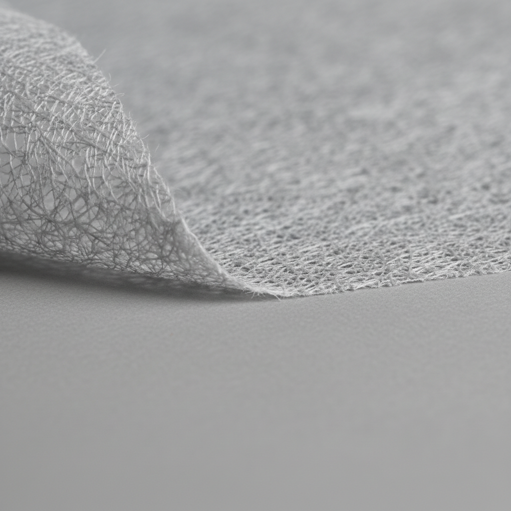 A close-up macro shot of light grey non woven fabric used for bags, stretched smoothly across a flat surface with one corner gently folded to reveal thickness and flexibility. The intricate web-like fiber pattern is sharply detailed, highlighting material density and uniformity. Soft side lighting from the right creates subtle shadows within the texture, emphasizing durability and quality without appearing rough. The background is a softly blurred neutral grey, keeping attention entirely on the material. Captured with a shallow depth of field and tight framing, the mood is technical, precise, and professional, ideal for a specification or quality standards section on a UAE manufacturer’s site, rendered in crisp photographic realism.