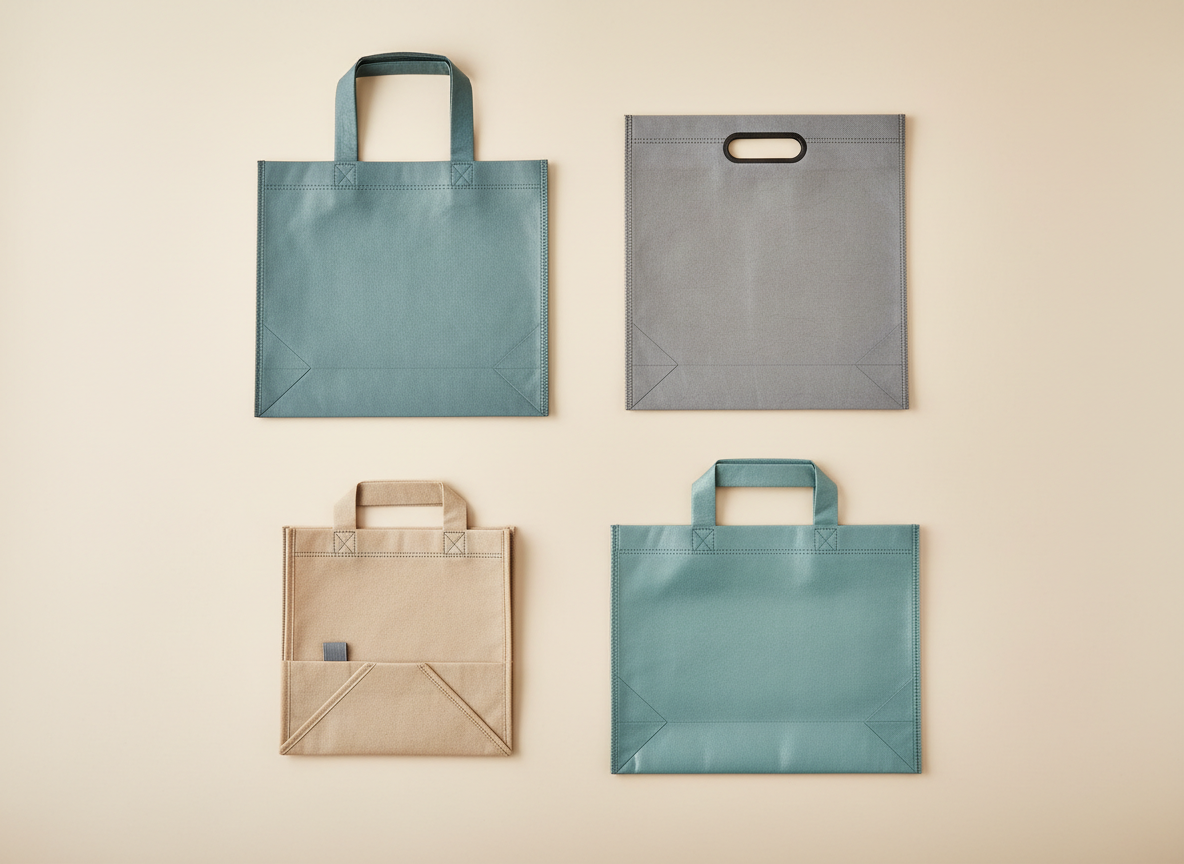 An overhead view of a flat-laid arrangement of eco-friendly non woven bags in various formats: a gusseted supermarket bag, a die-cut handle conference bag, a foldable promotional tote, and a laminated finish bag. Each piece is carefully aligned on a light sand-colored backdrop that subtly references UAE desert tones. Soft diffused top lighting eliminates harsh shadows, revealing the fine non woven texture, reinforced seams, and edge finishing. The color palette includes muted teal, stone grey, and desert beige, creating a cohesive, modern look. Composition follows a clean grid pattern with generous negative space between items, evoking an organized, professional catalogue layout in realistic photographic style suitable for explaining product range.
